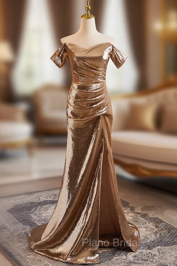 Champagne Mermaid Sequins Pleats Off the Shoulder Formal Prom Dresses Main image