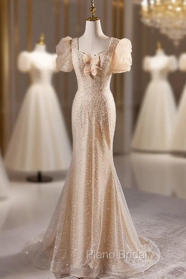 Champagne Mermaid Sequins Puff Sleeve Formal Prom Dresses