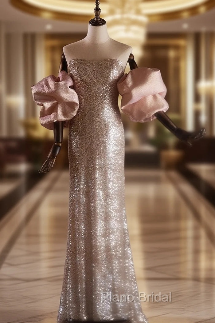 Champagne Mermaid Sequins Puff Sleeve Strapless Formal Prom Dresses