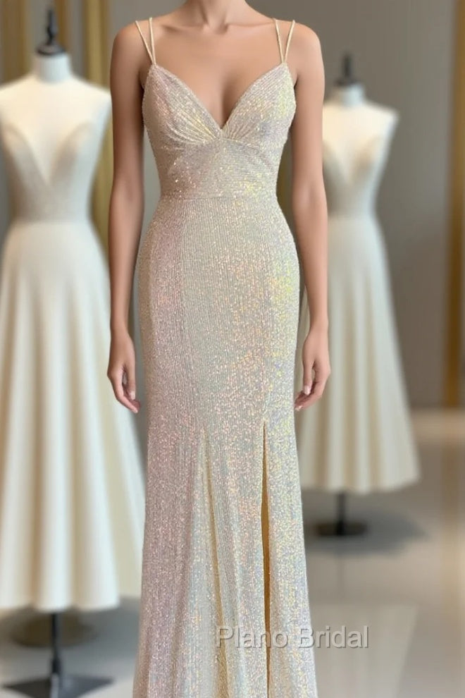 Champagne Mermaid Sequins Spaghetti Straps Formal Prom Dresses Main image