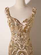Champagne Mermaid Sequins Straps Evening Dresses, Champagne Sequins Formal Prom Dresses