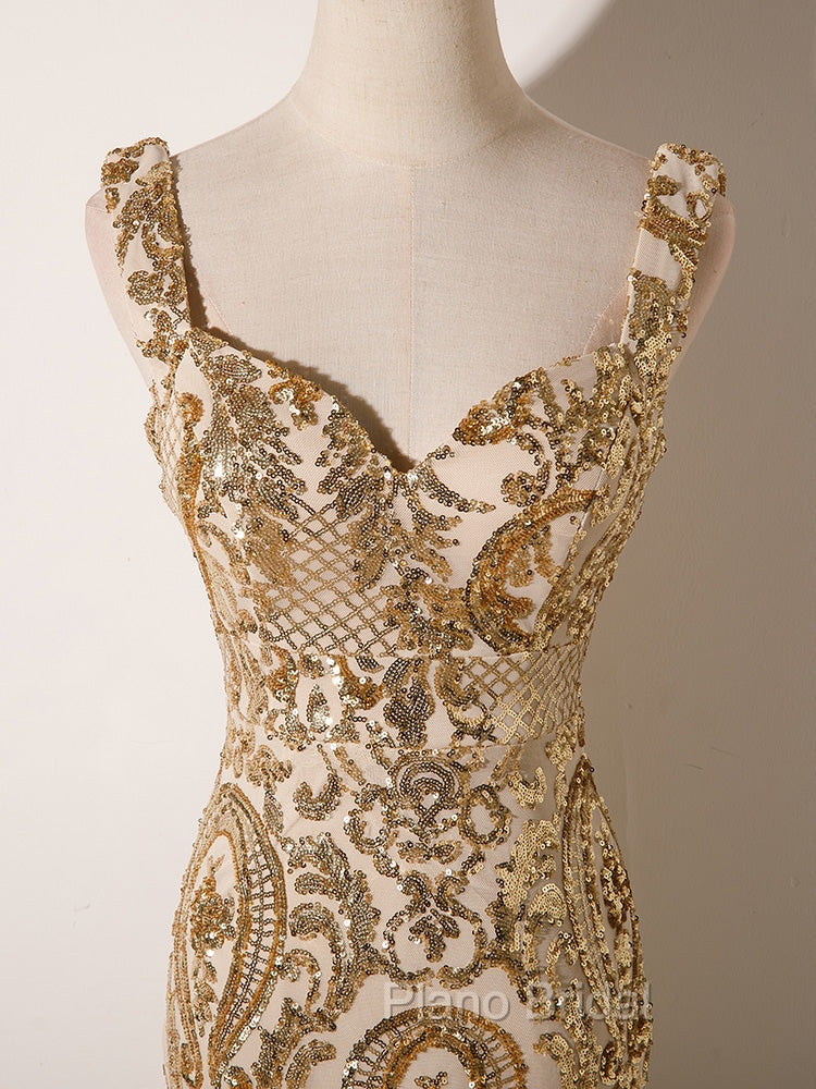 Champagne Mermaid Sequins Straps Evening Dresses, Champagne Sequins Formal Prom Dresses