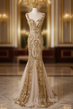 Champagne Mermaid Sequins Straps Evening Dresses, Champagne Sequins Formal Prom Dresses