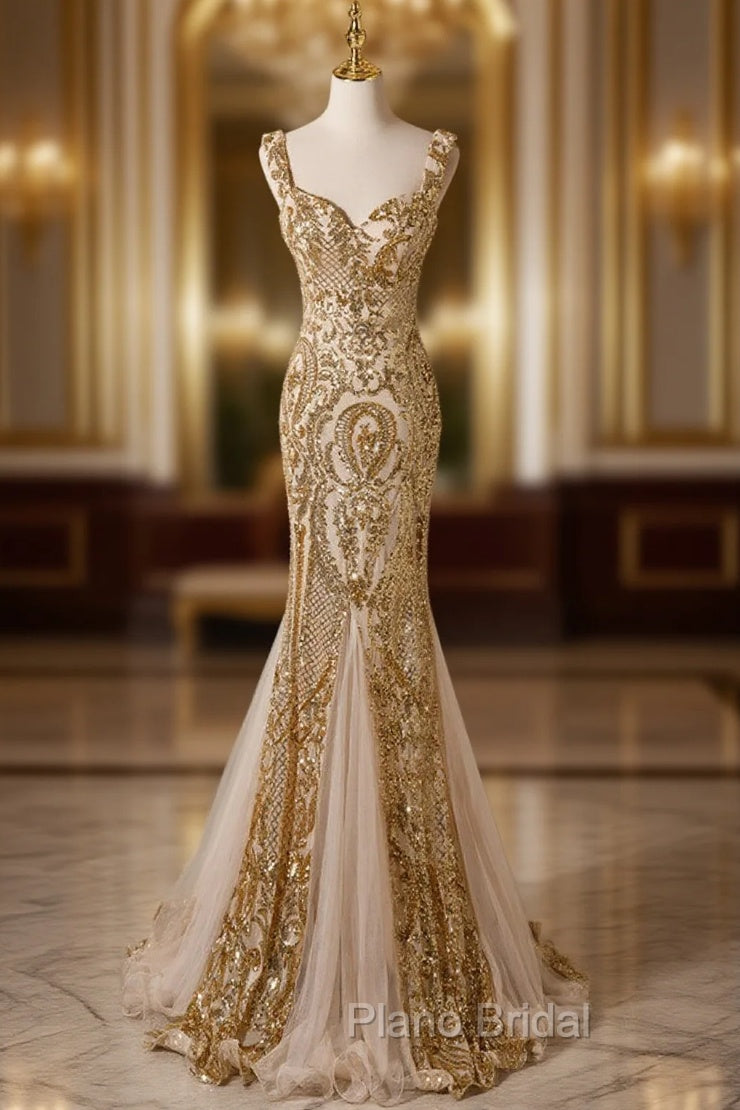 Champagne Mermaid Sequins Straps Evening Dresses, Champagne Sequins Formal Prom Dresses