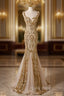 Champagne Mermaid Sequins Straps Evening Dresses, Champagne Sequins Formal Prom Dresses
