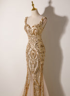 Champagne Mermaid Sequins Straps Long Party Dresses, Champagne Formal Prom Dresses