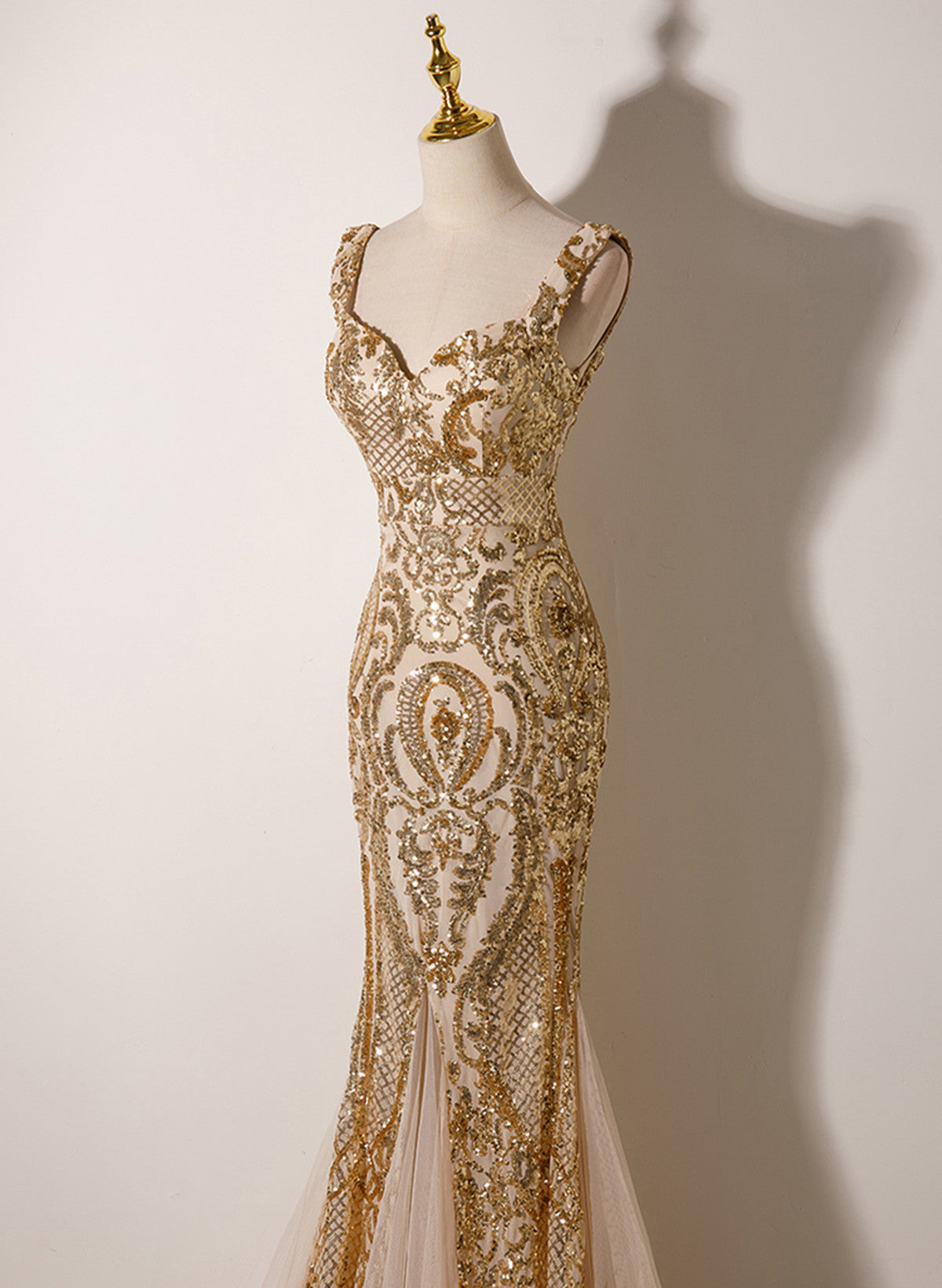 Champagne Mermaid Sequins Straps Long Party Dresses, Champagne Formal Prom Dresses