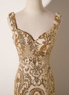 Champagne Mermaid Sequins Straps Long Party Dresses, Champagne Formal Prom Dresses