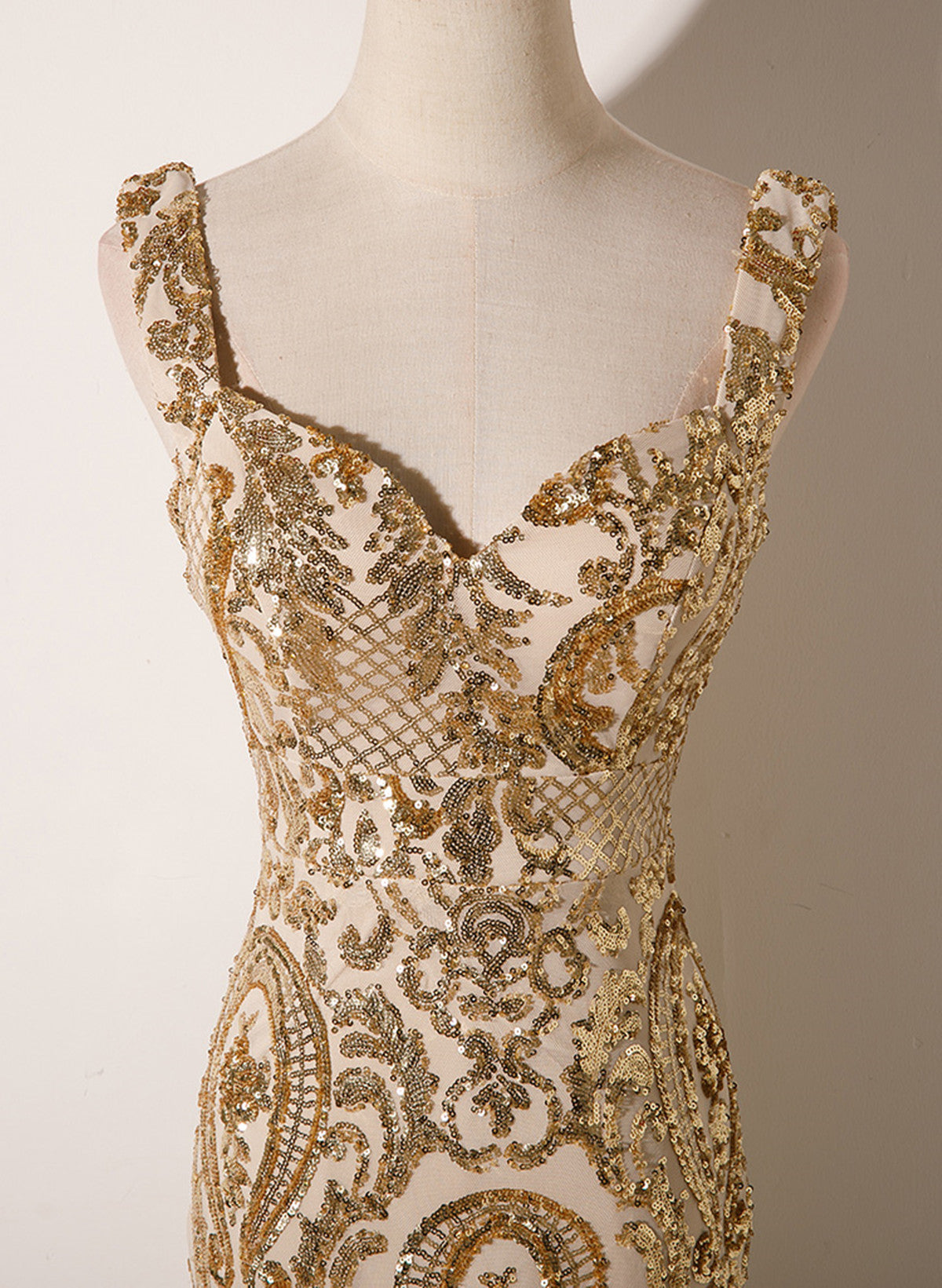 Champagne Mermaid Sequins Straps Long Party Dresses, Champagne Formal Prom Dresses