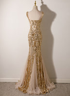 Champagne Mermaid Sequins Straps Long Party Dresses, Champagne Formal Prom Dresses