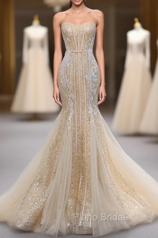 Champagne Mermaid Sequins Tulle Strapless Appliques Formal Prom Dresses Main image
