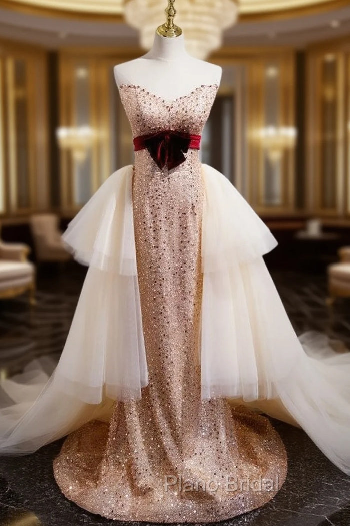 Champagne Mermaid Sequins Tulle Strapless Formal Prom Dresses Main image