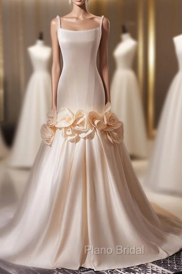 Champagne Mermaid Spaghetti Straps Pearls Flower Wedding Dresses