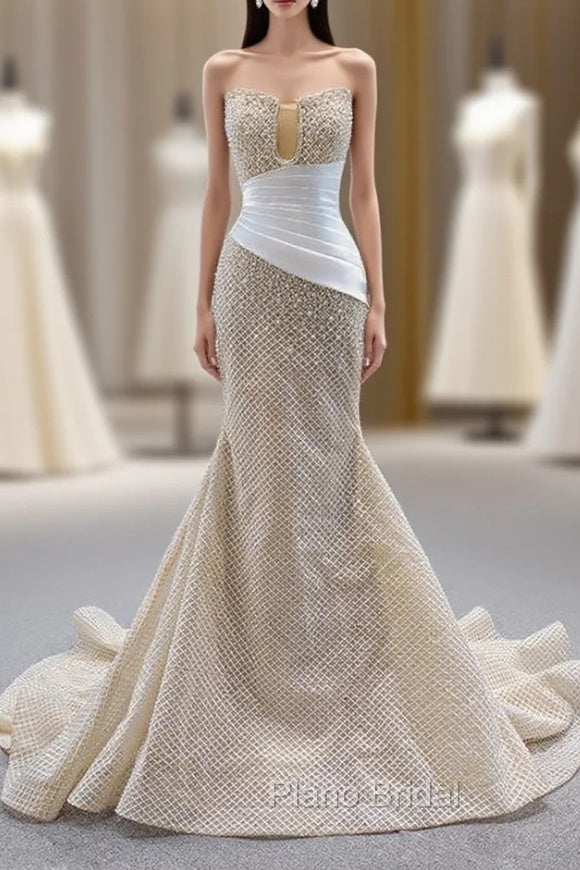 Champagne Mermaid Strapless Pearls Formal Prom Dresses
