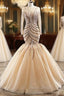 Champagne Mermaid Tulle Beading Long Sleeve Formal Prom Dresses