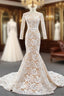 Champagne Mermaid Tulle Lace Flower Long Sleeve Formal Prom Dresses