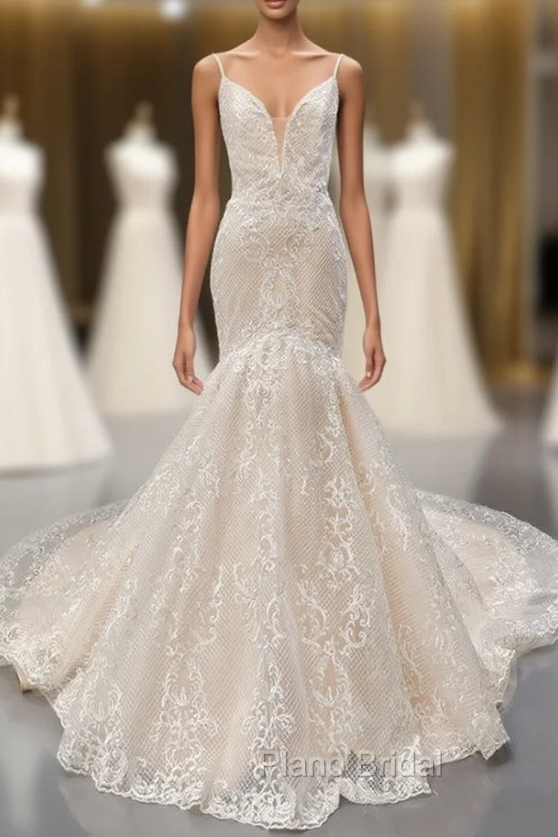 Champagne Mermaid Tulle Lace Spaghetti Straps Wedding Dresses