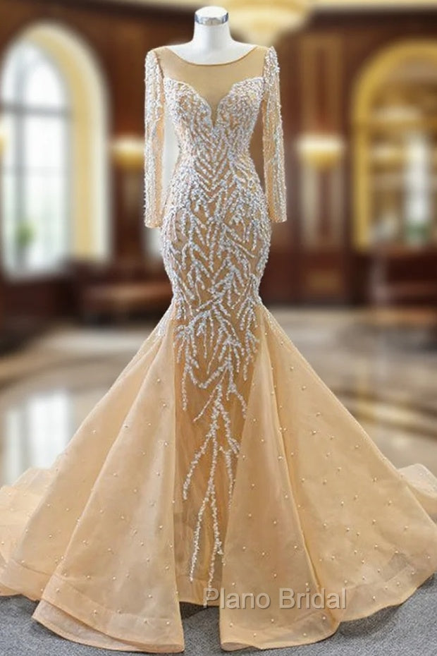Champagne Mermaid Tulle Long Sleeve Pearls Formal Prom Dresses Main image