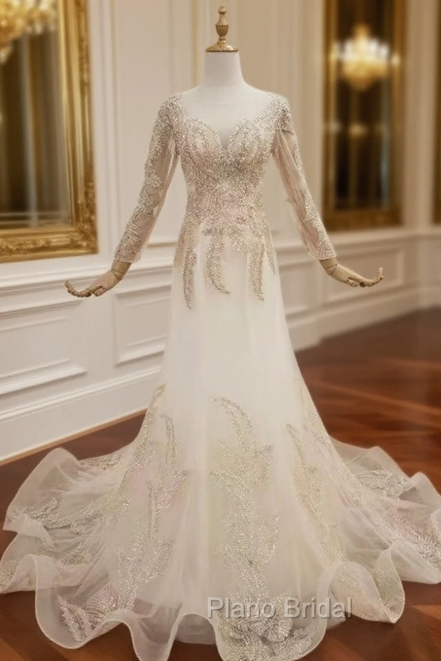 Champagne Mermaid Tulle Long Sleeve Formal Prom Dresses With Beading