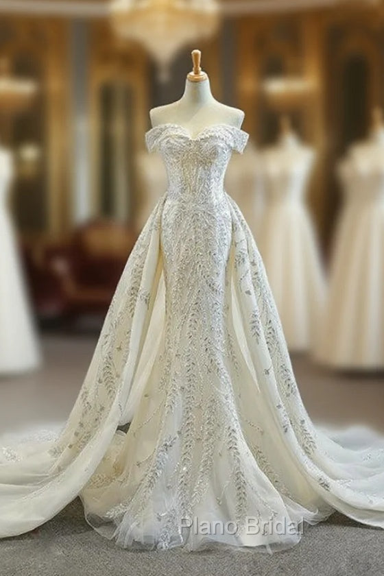 Champagne Mermaid Tulle Off the Shoulder Beading Sequins Formal Prom Dresses With Removable Train Main image