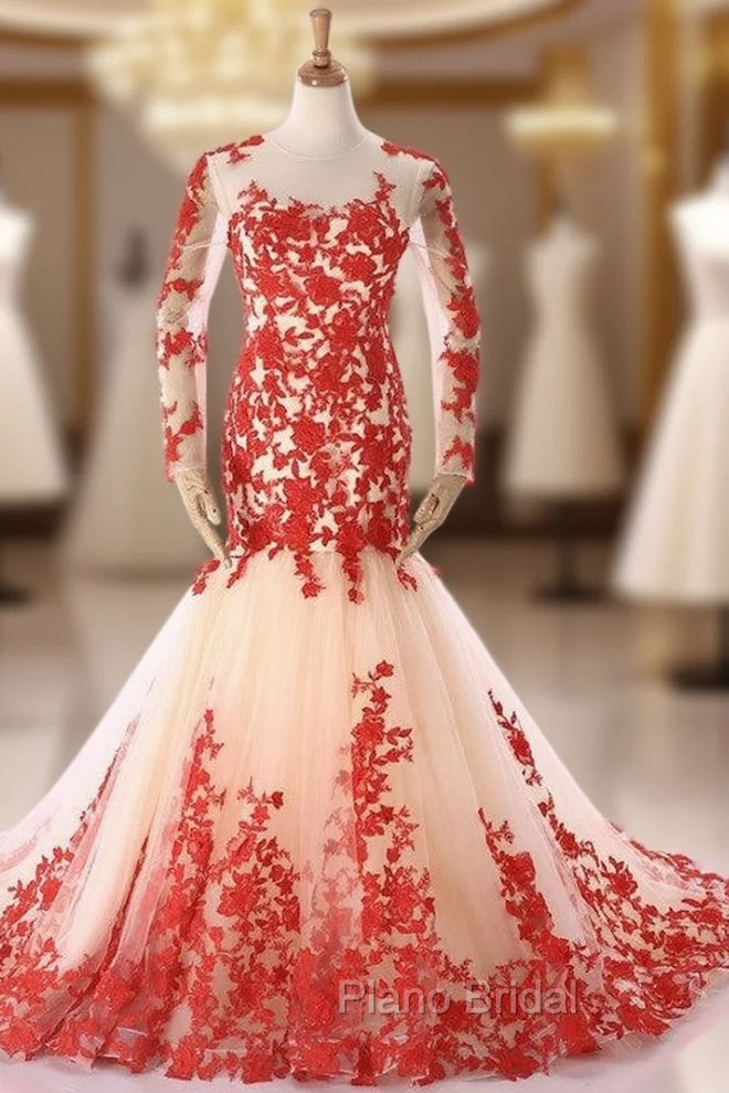 Champagne Mermaid Tulle Res Appliques Long Sleeve Evening Dresses