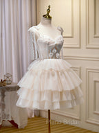 Champagne Mini/Short Formal Prom Dresses, Puffy Cute Homecoming Dresses With Lace