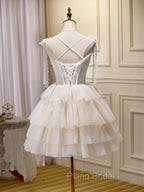 Champagne Mini/Short Formal Prom Dresses, Puffy Cute Homecoming Dresses With Lace