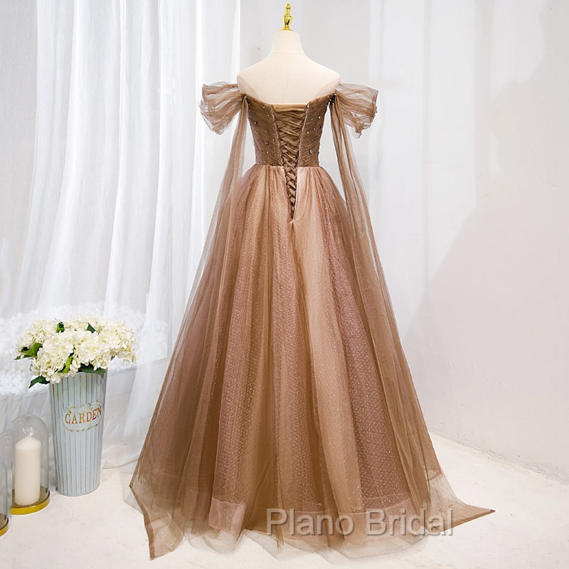 Champagne Off Shoulder Beaded A-line Tulle Long Party Dresses, Long Evening Gown Secondary image