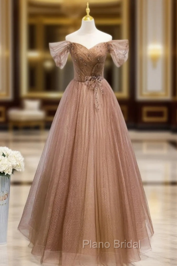 Champagne Off Shoulder Beaded A-line Tulle Long Party Dresses, Long Evening Gown Main image