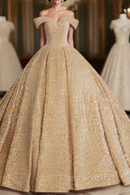 Champagne Off Shoulder Sequin Long Formal Prom Dresses, Champagne Formal Dresses