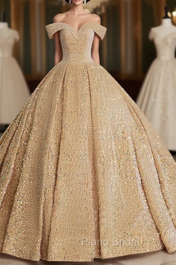 Champagne Off Shoulder Sequin Long Formal Prom Dresses, Champagne Formal Dresses Secondary image