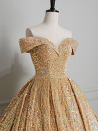 Champagne Off Shoulder Sequin Long Formal Prom Dresses, Champagne Formal Dresses