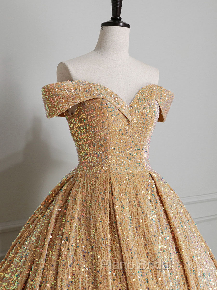 Champagne Off Shoulder Sequin Long Formal Prom Dresses, Champagne Formal Dresses