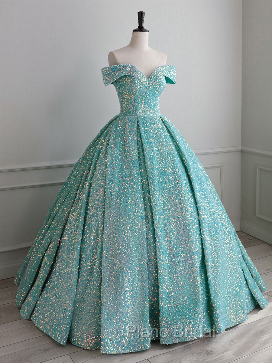 Champagne Off Shoulder Sequin Long Formal Prom Dresses, Champagne Formal Dresses