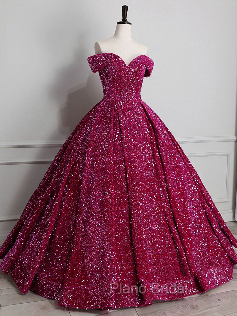 Champagne Off Shoulder Sequin Long Formal Prom Dresses, Champagne Formal Dresses
