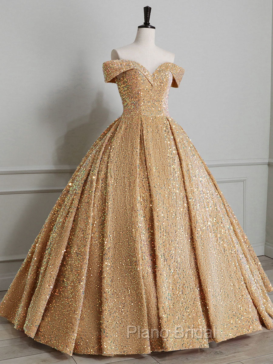 Champagne Off Shoulder Sequin Long Formal Prom Dresses, Champagne Formal Dresses Main image