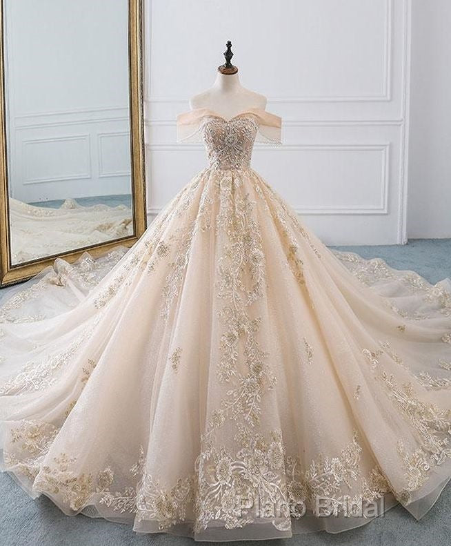 Champagne Off Shoulder Tulle Lace Long Wedding Dresses, Wedding Gown Formal Prom Dresses Secondary image