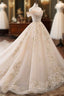 Champagne Off Shoulder Tulle Lace Long Wedding Dresses, Wedding Gown Formal Prom Dresses