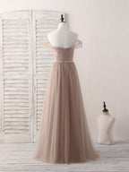 Champagne Off Shoulder Tulle Long Prom Dress, Champagne Evening Dress