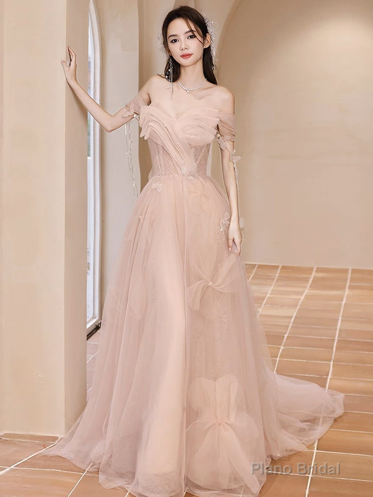 Champagne Off Shoulder Tulle Sequin Long Prom Dress, Champagne Evening Dress Main image