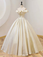 Champagne Off The Shoulder Floor Length Formal Prom Dresses, Elegant A-Line Formal Party Dresses