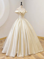 Champagne Off The Shoulder Floor Length Formal Prom Dresses, Elegant A-Line Formal Party Dresses
