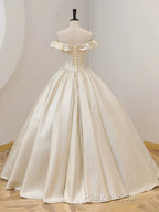 Champagne Off The Shoulder Floor Length Formal Prom Dresses, Elegant A-Line Formal Party Dresses