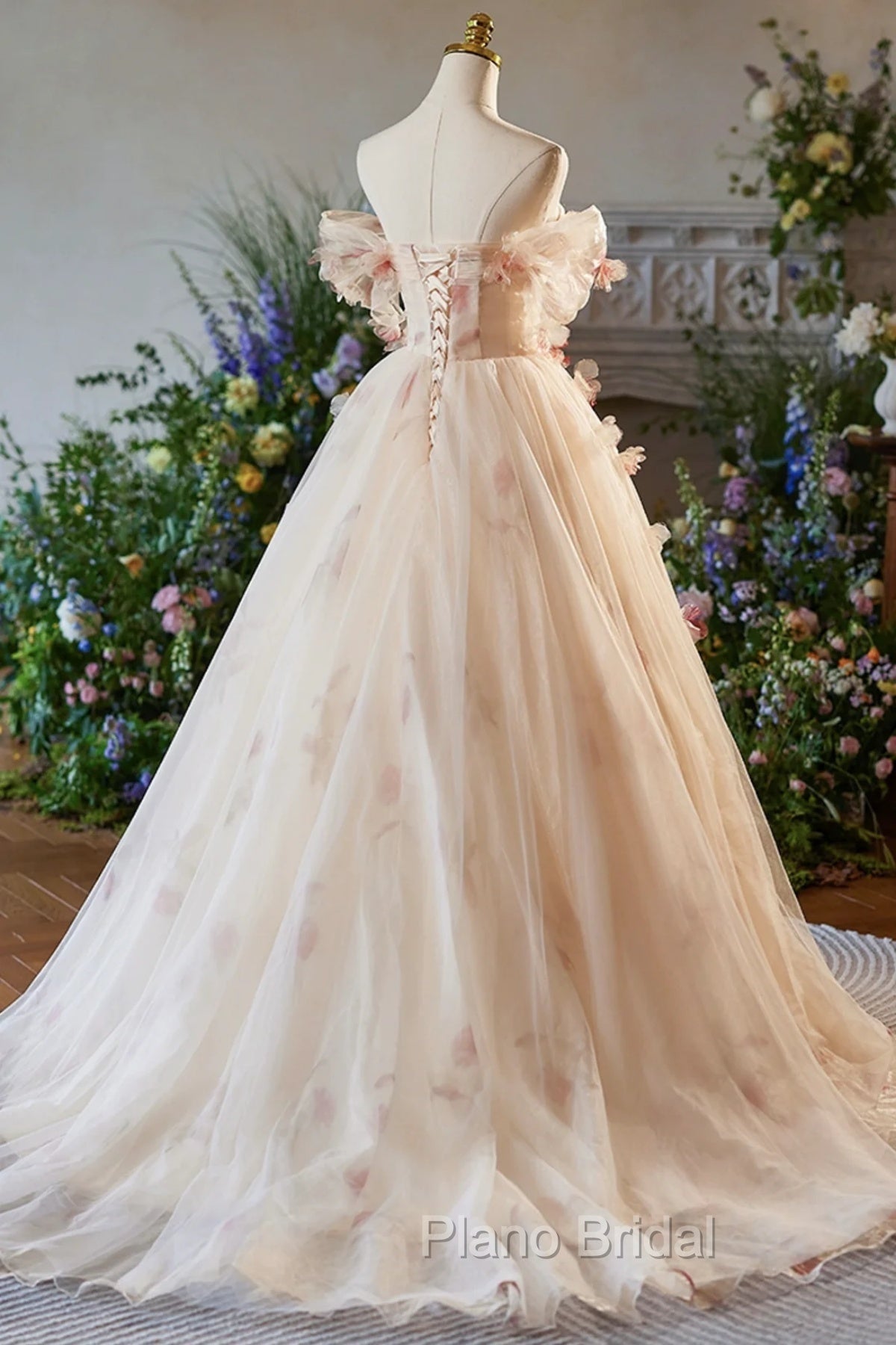 Champagne Off the Shoulder Tulle Floral Floor Length Long Formal Prom Dresses