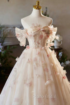 Champagne Off the Shoulder Tulle Floral Floor Length Long Formal Prom Dresses
