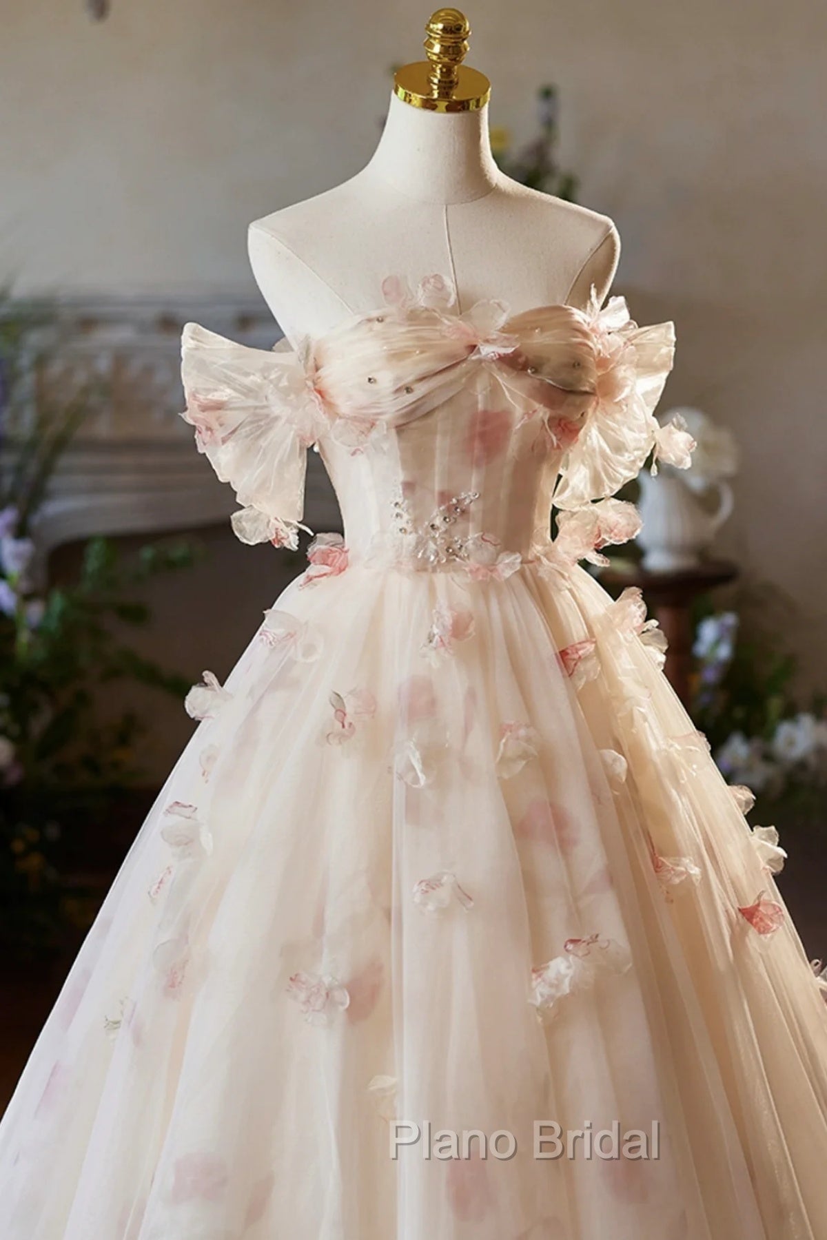 Champagne Off the Shoulder Tulle Floral Floor Length Long Formal Prom Dresses