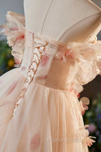 Champagne Off the Shoulder Tulle Floral Floor Length Long Formal Prom Dresses