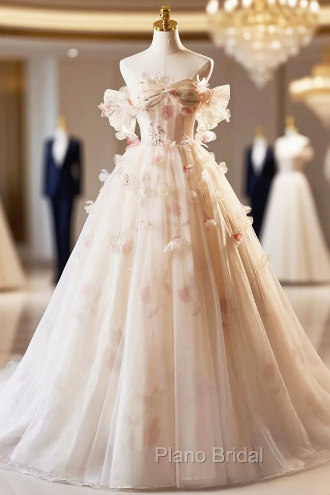 Champagne Off the Shoulder Tulle Floral Floor Length Long Formal Prom Dresses Main image