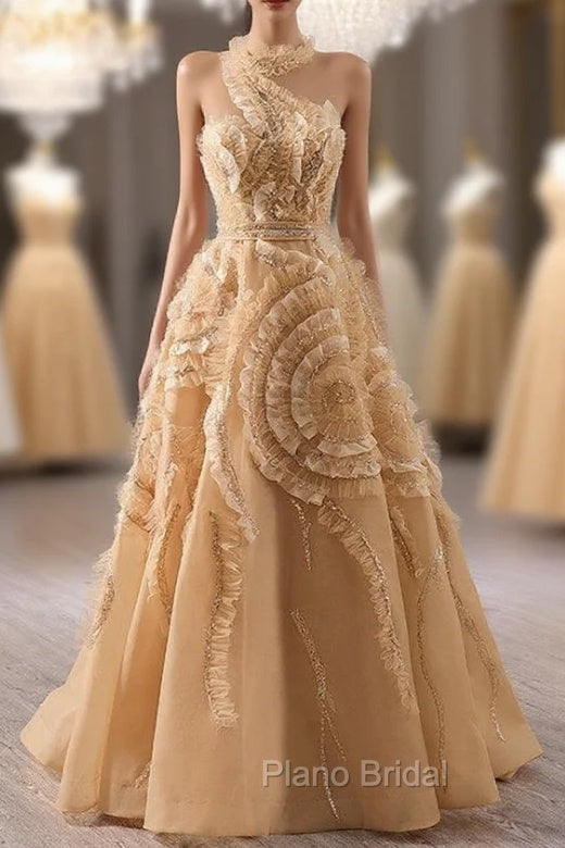 Champagne One Shouder Tulle Formal Prom Dresses