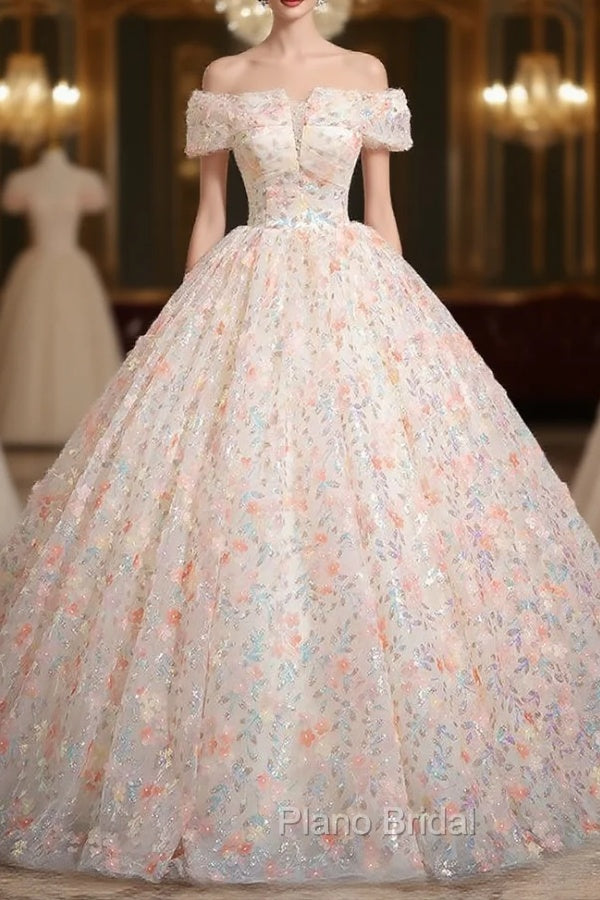 Champagne Pink Flower Sequins Off the Shoulder Quinceanera Dresses Main image